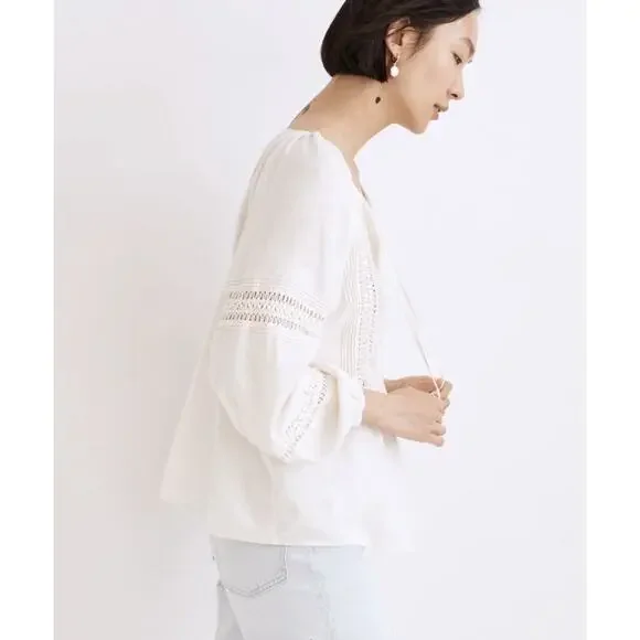 Madewell Peasant Top XS Ivory Linen-Blend Pintuck Boho Bubble Sleeves Babydoll - Picture 2 of 15